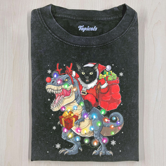 CAT RIDING A DINOSAUR T REX CHRISTMAS SHIRT