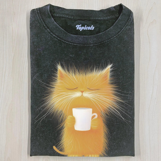 CARICATURE CAT WITH A MUG T-SHIRT