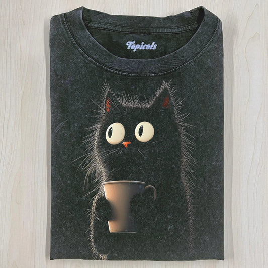 CARICATURE CAT WITH A MUG T-SHIRT